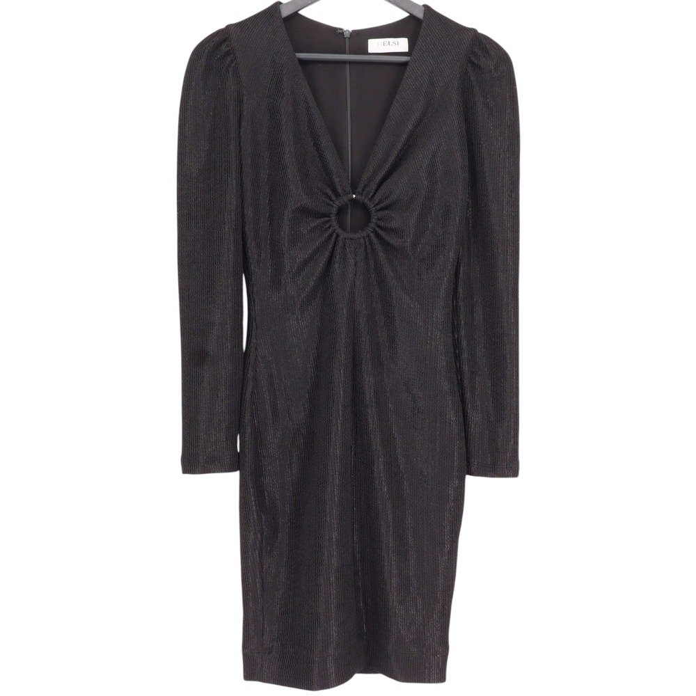 HELSI Keyhole Textured Mini Dress Size S Black Metallic V-Neck Ring Cocktail